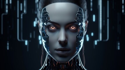 futuristic female android: ai concept with neural system on dark background