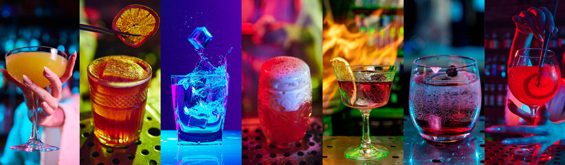 Collage. Different types of cocktails in neon colored bar. Margarita, martini, mojito daiquiri, negroni aperol spritz cocktail. Concept of party, alcohol drink, celebration, fun, enjoyment