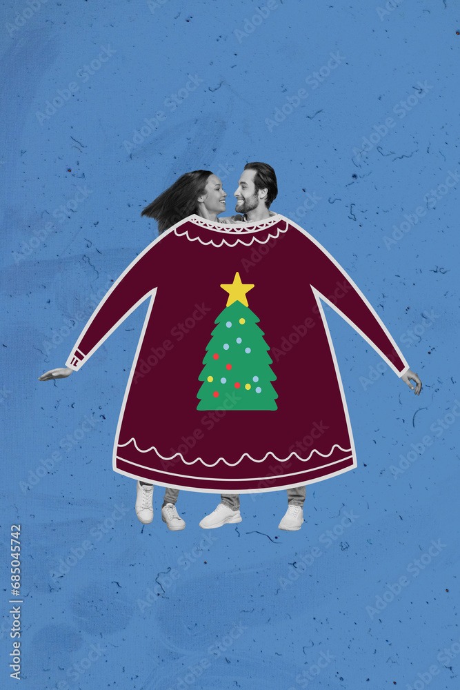 Sticker Vertical collage image of two peaceful black white effect people inside big new year tree print clothes isolated on drawing blue background