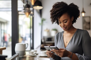 Young woman using smartphone for online shopping in a coffee shop