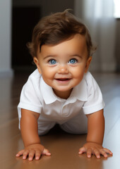 Fototapeta premium cute little baby with big clear eyes on all fours on floor in the room, child, kid, childhood, early development, European, portrait, face, emotion, smile, close-up, nursery, kindergarten, home, shirt