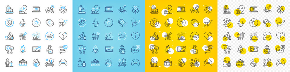 Vector icons set of Online shopping, Love ticket and New line icons pack for web with Sale, Plane, Fireworks outline icon. No sun, Broken heart, Heart flame pictogram. Baggage belt. Vector