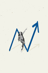 Poster collage financial analytic businesswoman pointing finger top of the graphic best results...
