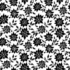 Floral seamless pattern with silhouettes flower in style stars. Black and white hand drawn botanical background. Monochrome botanical wallpaper with simple plants.