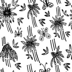 Seamless floral vector pattern with butterflys and blooms.