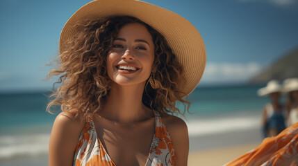 Joyous mature Latin woman with curly hair and a sun hat smiling on a sunny beach