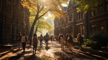Students stroll through a historic campus alley bathed in warm sunlight, with autumn leaves underfoot