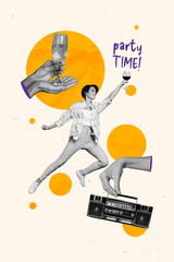 Vertical composite creative collage of funny cheerful lady jump with red wine glass cocktail during...