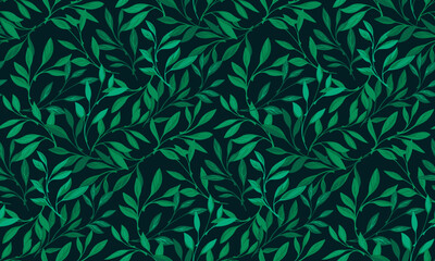Beautiful, ornate, tiny leaves pattern. Vector hand drawn green branches leaves. Abstract nature leaf pattern. Template for textile, fashion, print, surface design, paper, cover, fabric