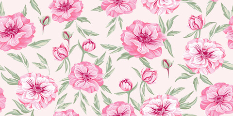Artistic spring pastel pink floral and leaves seamless pattern. Vector hand drawn Ranunculus, Trollius Asiaticus flower, Globe flower. Template for design, textile, fashion, print, wallpaper