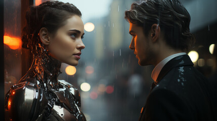 In a rain-drenched city, a human woman and a robot face each other, their gazes locked in a moment of intense connection