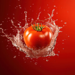 Dynamic Splash of a Ripe Tomato in Water Against a Red Background