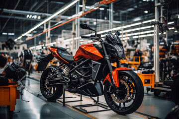 Fototapeta na wymiar Assembly line of motorcycle factory. Industrial background
