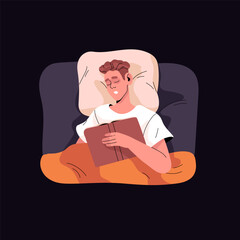 Weary young man sleeps in bed top view. People reading for night. Asleep boy holds book in hand. Tired sleeper person rests, lying under blanket, naps on pillow. Flat isolated vector illustration