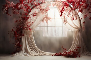 Maternity backdrop, Wedding backdrop, photography background, maternity props, Light hoop weaved with red flowers, white flowers, elegant wall background, flowing white satin drapes, backdrop, 