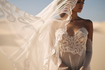 Beautiful woman covered in a soft white lace material that sways in the wind, walks in the desert in Dubai