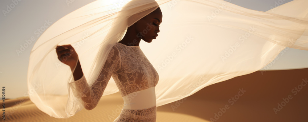 Poster Beautiful woman covered in a soft white lace material that sways in the wind, walks in the desert in Dubai