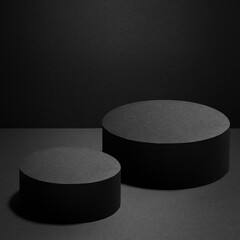 Abstract two black round podiums with light of spotlight for cosmetic products, mockup on black...