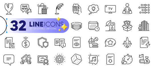 Outline set of Timer, Certificate and Order line icons for web with Tv, Favorite chat, Download file thin icon. Agent, Petrol station, Buyer pictogram icon. Floor lamp, Fast food, Work home. Vector
