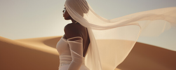 Beautiful woman covered in a soft white lace material that sways in the wind, walks in the desert in Dubai