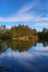 Fototapeta na wymiar Beautiful autumn over a small lake on a sunny warm day