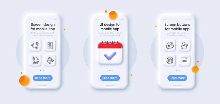 Voicemail, Pin and Cyber attack line icons pack. 3d phone mockups with calendar. Glass smartphone screen. Surprise gift, Web traffic, Identity confirmed web icon. Vector