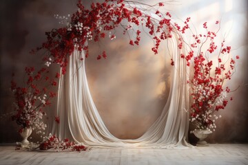 Maternity backdrop, Wedding backdrop, photography background, maternity props, Light hoop weaved with red flowers, white flowers, elegant wall background, flowing white satin drapes, backdrop, 