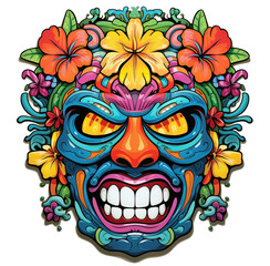 Polynesian tribal face mask decoration with colorful flower illustration isolated.