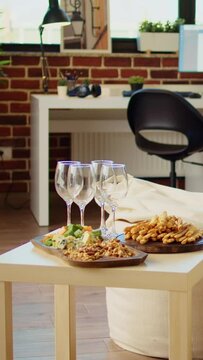 Vertical video Empty stylish cozy apartment living room with crackers, peanuts and cheese on charcuterie board, awaiting guests to arrive for social event. Elegant house interior with homely vibe