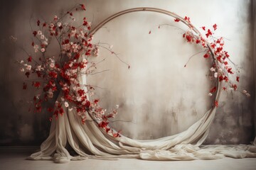 Maternity backdrop, Wedding backdrop, photography background, maternity props, Light hoop weaved with red flowers, white flowers, elegant wall background, flowing white satin drapes, backdrop, 
