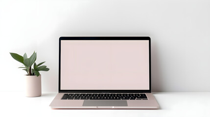 A laptop standing on a table with a room flower on a light
