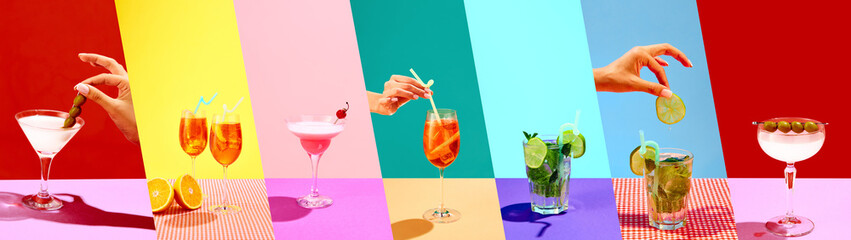 Collage. Different types of alcohol beverages on table over multicolored background. Martini with olives, Aperol Spritz, mojito cocktails. Concept of party, alcohol drink, celebration, fun, enjoyment