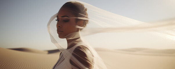 Beautiful woman covered in a soft white lace material that sways in the wind, walks in the desert in Dubai