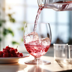 Sunlit Elegance: Pouring Red Wine into a Glass with Ice Cubes