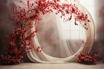 Maternity backdrop, Wedding backdrop, photography background, maternity props, Light hoop weaved with red flowers, white flowers, elegant wall background, flowing white satin drapes, backdrop, 