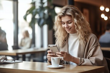 Happy female student sitting in a coffee shop, using a smartphone