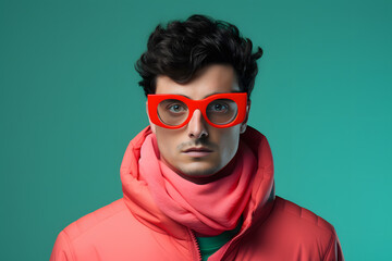 Colorful studio portrait of a young man wearing cold weather clothes to keep him warm. Autumn or winter outfit. Bold, vibrant and minimalist. Generative AI - obrazy, fototapety, plakaty