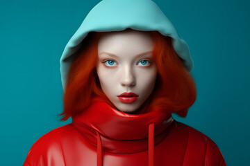 Colorful studio portrait of a young woman wearing cold weather clothes to keep her warm. Autumn or winter outfit. Bold, vibrant and minimalist. Generative AI