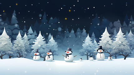 Many adorable snowmen with knitted hats and scarves sharing a cheerful moment in a snowy landscape