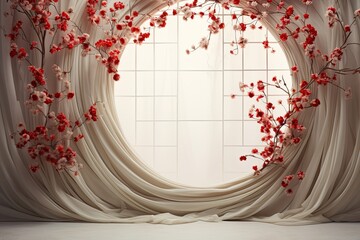 Maternity backdrop, Wedding backdrop, photography background, maternity props, Light hoop weaved with red flowers, white flowers, elegant wall background, flowing white satin drapes, backdrop, 