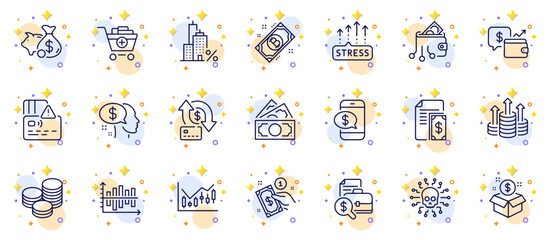 Outline set of Card, Digital wallet and Payment line icons for web app. Include Mortgage, Piggy bank, Money transfer pictogram icons. Add products, Pay, Bitcoin signs. Wallet, Money. Vector