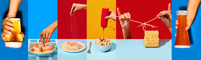 Collage. Different types of food and beer on multicolored background. Dinner time. Noodles, pasts,...