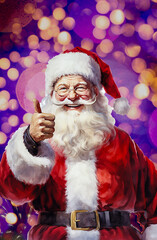 Uśmiechnięty Święty Mikołaj z kciukiem w gorze. Farba akwarelowa. Kolorowe, pstrokate tło.