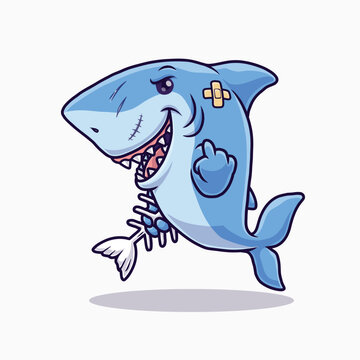 Cute angry shark holding fish bone, Cartoon-Illustration