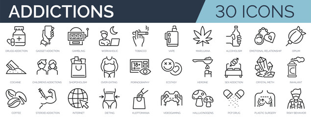 Set of 30 outline icons related to addictions. Linear icon collection. Editable stroke. Vector illustration
