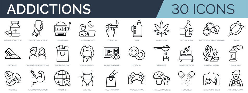 Set of 30 outline icons related to addictions. Linear icon collection. Editable stroke. Vector illustration