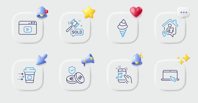 Portable computer, Savings insurance and Video content line icons. Buttons with 3d bell, chat speech, cursor. Pack of Ice cream, Coffee delivery, Music phone icon. Vector