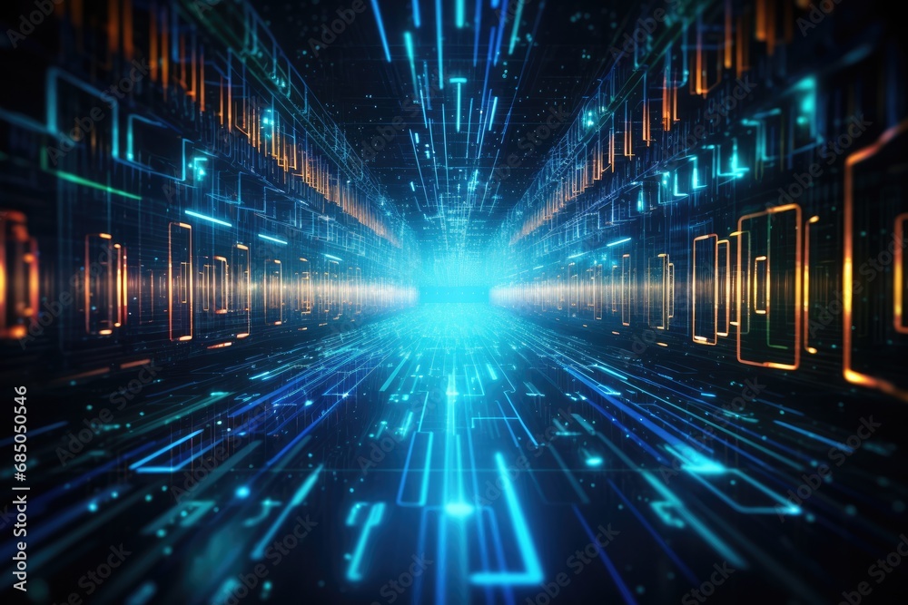 Fototapete 3d rendering of abstract technology background. 3d illustration of futuristic background, Digital binary code and AI algorithms running in the background, presented in a modern server, AI Generated