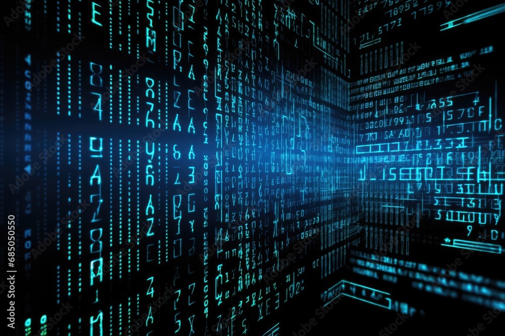 Fototapete Blue digital background with binary code. 3d rendering toned image, Digital background with blue binary code and AI algorithms against a black background, AI Generated