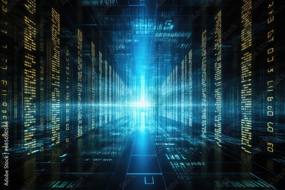 Fototapete Futuristic technological background with binary code. 3D Rendering, Digital binary code and AI algorithms running in the background, presented in a modern server way, AI Generated